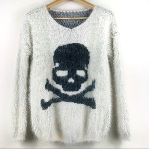 Eyelash Knit Contrast Skull Sweater, Black White